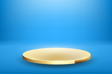 Gold podium studio room background. Blue background vector 3d with golden circle pedestal. Empty room with light effect. Space for selling luxury products on the website. Vector illustration