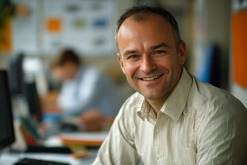 Fototapeta premium Confident smiling businessman in office setting portrait, reflecting success and competence in his professional environment, Generative AI