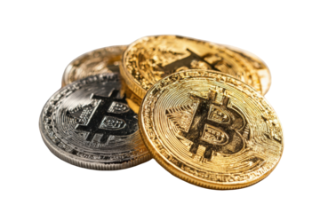 Close-up of several Bitcoin coins