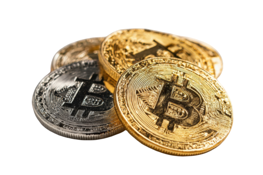 Close-up of several Bitcoin coins - Powered by Adobe