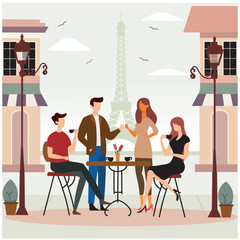Paris Café Scene with Friends Toasting Near Eiffel Tower