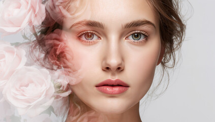 woman with soft skin and rosy lips surrounded by delicate pink roses