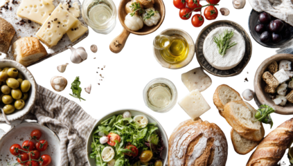 A culinary spread of assorted cheeses, bread, olives, and vegetables