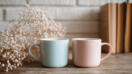 Obraz premium Two pastel colored mugs sit on a wooden surface, beside a bouquet of dried flowers, and books