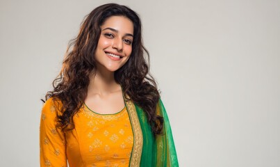 A smiling woman in a yellow traditional Indian dress with a green scarf.