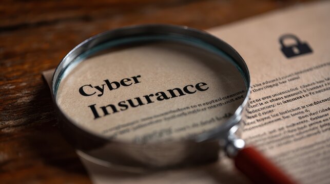 Magnifying glass revealing cyber insurance text on wooden surface, emphasizing digital risk management and protection strategies for modern enterprises