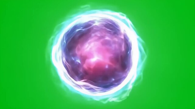 Abstract glowing energy sphere with swirling light effects against a vibrant green background.