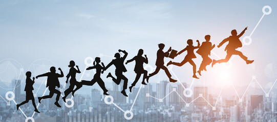 ジャンプする人々とビジネスデータのコンセプト