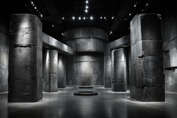 Dark, cavernous space filled with massive, gray concrete pillars and beams
