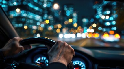 Naklejka premium Night city drive, hands on steering wheel
