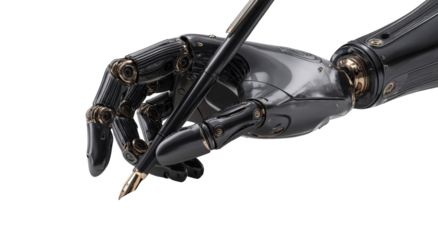 A metallic robotic hand holding a pen