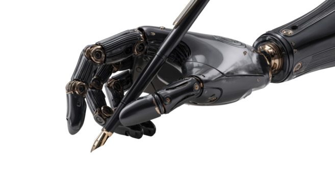 A metallic robotic hand holding a pen
