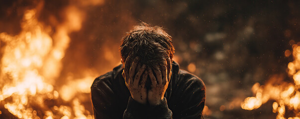 Emotions clash in chaos as a person grapples with despair amid raging flames and dark surroundings in a moment of crisis