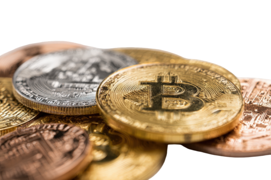 Close-up of various crypto coins