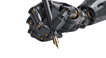 Fototapeta premium Close-up of a metallic robotic hand holding a pen