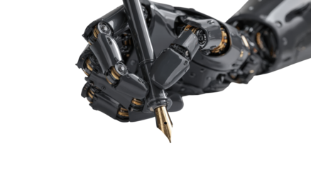 Close-up of a metallic robotic hand holding a pen