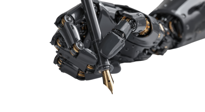 Close-up of a metallic robotic hand holding a pen