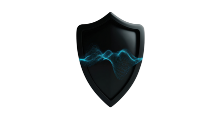 Abstract shield graphic with a glowing blue wavy design
