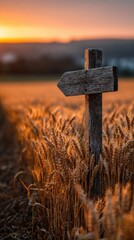 Rustic wooden signpost in golden wheat field at sunrise