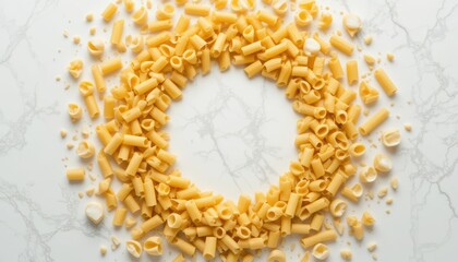Uncooked Penne Pasta Forming a Circular Frame on Marble