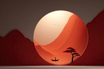 Round frame reveals serene desert scene