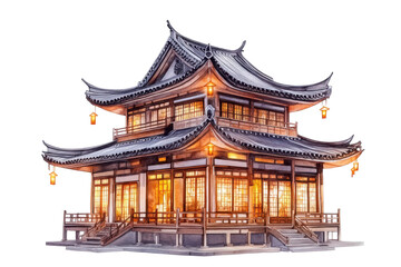 Obraz premium Traditional chinese pagoda architecture illuminated at night isolated on transparent background. Watercolor traditional asian pagoda with windows and intricate roof isolated on white background.