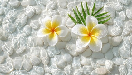 Two white plumeria flowers with green palm frond on a bed of white stones, water ripples