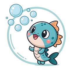 Adorable Chibi Baby Coelacanth Fry Cheerfully Blowing Sparkling Twinkle Bubbles, Kawaii Cute Cartoon Prehistoric Fish Character, Whimsical Fantasy Ocean Illustration