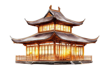 Naklejka premium Traditional chinese pagoda architecture illuminated at night isolated on transparent background. Watercolor traditional asian pagoda with windows and intricate roof isolated on white background.