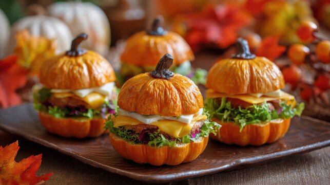 Miniature cheeseburgers shaped like pumpkins, nestled on rustic wooden surface, surrounded by seasonal autumn decor with decorative gourds and fallen leaves