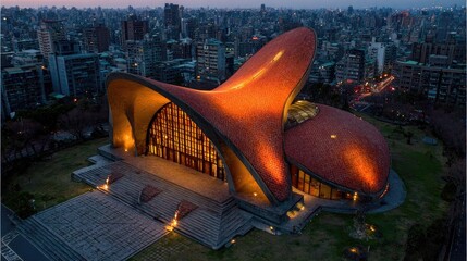 Aerial view of illuminated, modern, orange-roofed building at night