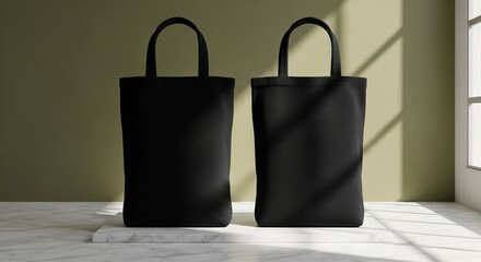 Two black cotton tote bags on marble platform, elegant editorial photography for premium product showcase
