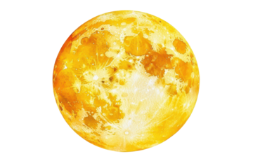 Golden crescent moon with textured surface isolated on transparent background. Watercolor yellow moon with soft details isolated on white background.