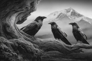Three ravens perched on a gnarled tree branch, silhouetted against a misty mountain backdrop