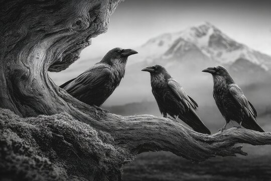 Three ravens perched on a gnarled tree branch, silhouetted against a misty mountain backdrop