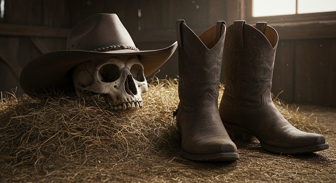 Cowboy boots skull still life rustic vintage style - Powered by Adobe