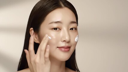 Close Up of Young Woman Applying White Cream To Face With a Serene Expression In a Beauty Concept Against Light Beige Background Perfect For Skincare Promotion ads advertisement promotion