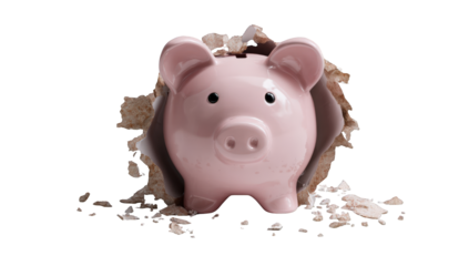Pink piggy bank bursts through a hole in a wall