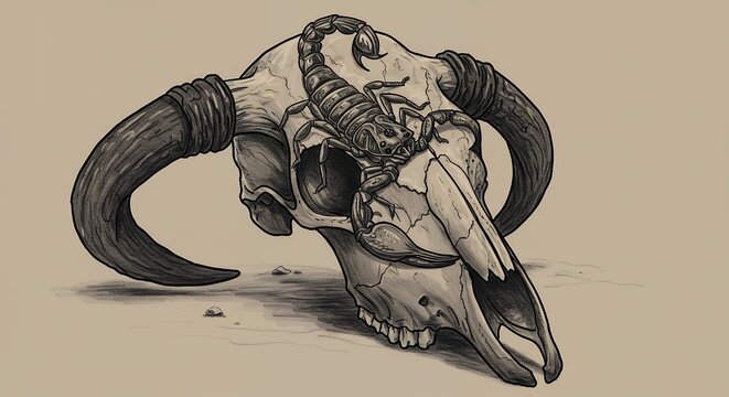 Detailed grayscale bull skull with scorpion tattoo design
