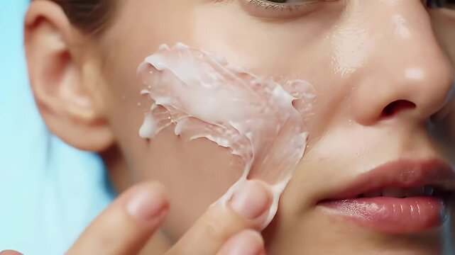 Close Up of Young Woman Applying White Cream on Face with Light Blue Backdrop Demonstrating Beauty and Skincare Routine Cosmetics Application for National Beauty Day Product Promotion