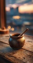 Rustic clay pot with wooden spoon on a wooden table, sunset view