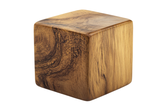 Rectangular wooden block with a natural wood grain pattern isolated on transparent background. Wooden block cube with smooth texture isolated on white background.