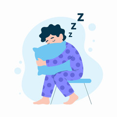 A child is sleeping while hugging a pillow, sitting on a chair.