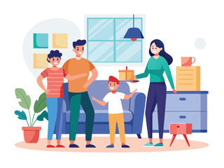 Happy family unpacking and arranging new furniture in their living room