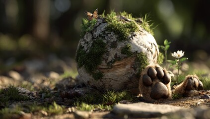 Obraz premium Earth globe resting on ground, covered in bark and moss, with animal paw prints. Butterflies and flowers nearby
