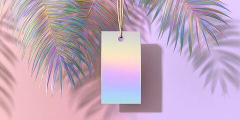 Pastel-toned price tag hangs from tropical palm leaves