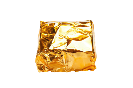 Shiny gold leaf crumpled paper texture isolated on transparent background. Wrinkled golden square foil with a metallic finish isolated on white background.