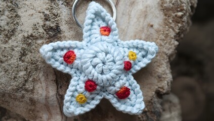 keychain of A mini octopus with spiraled legs and gradient rainbow yarn.