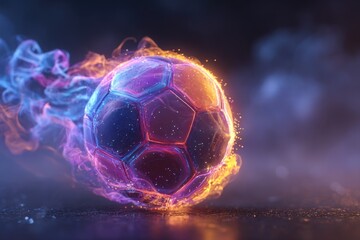 Fototapeta premium A soccer ball engulfed in vibrant, colorful flames and smoke