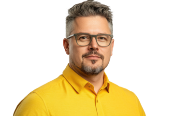 Portrait of a confident man with glasses and beard isolated on transparent background.